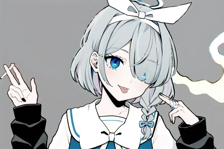 <lora:God-ishV2:0.9>, godish, 1girl, solo, looking at viewer, simple background, holding, monochrome, tongue, tongue out, grey background, smoke, spot color, cigarette, smoking, bags under eyes, holding cigarette, arona, white hairband, bow hairband, halo, short hair, single braid, school uniform, blue shirt, white sailor collar, long sleeves, white bowtie, white choker <lora:aronaBlueArchive_v1:0.7>