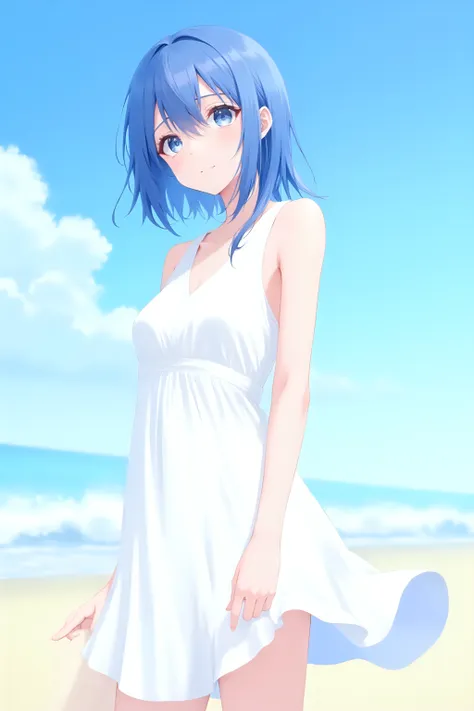 1girl, cowboy shot, standing, short hair, blue hair, blue eyes, white dress, sleeveless dress, bare shoulders, bare arms, outdoors, beach, cloud, blue sky, sunlight