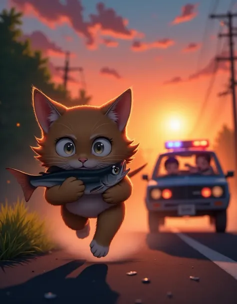 A cinematic anime medium shot of a brave cat, running on two legs along the side of a road, gripping a large fish in its paws with determination. The cat's fearful expression is captured in its large, wide-open eyes. In hot pursuit, a police car with flashing lights follows closely behind, its tires leaving a trail of smoke on the pavement. The atmosphere is tense and high-stakes, with the sun setting in the background, casting an orange glow on the scene.