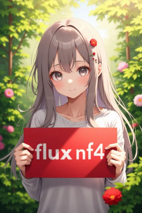 A serene and softly illuminated scene featuring a anime girl with long, flowing grayish-brown hair adorned with small, vibrant red flowers. She is gently smiling with calm, soulful eyes. The girl is surrounded by lush, green foliage and flowers, which are bathed in a warm, natural sunlight. The background is a delicate mix of soft-focus leaves and trees, with a hint of bokeh. In the scene, a subtle,she holds a red sign with the word 'flux nf4' written in bold white letters.