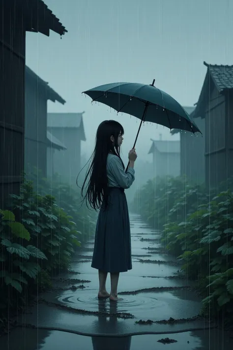 girl with long black hair stands in the countryside, holding an umbrella as heavy rain pours down around her. She is wearing a simple rural outfit, with the backdrop showing traditional wooden houses and fields fading into the mist. The rain creates ripples in puddles and splashes off the umbrella, with water droplets visibly clinging to the leaves and surfaces. The atmosphere is melancholic yet serene, capturing the essence of a quiet, remote village during a rainstorm