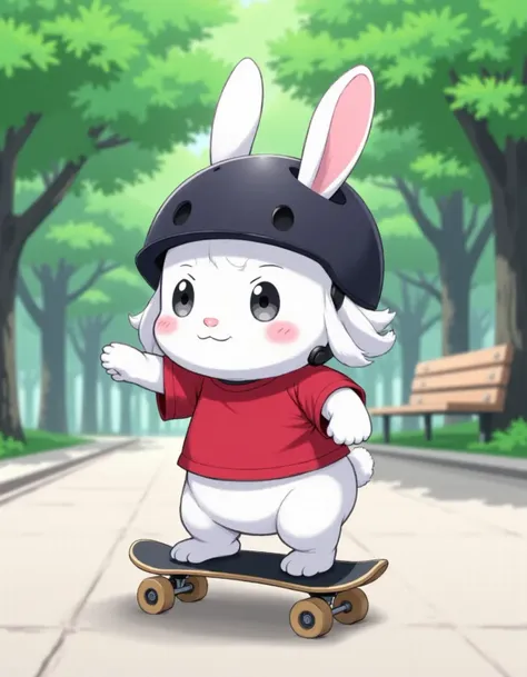 An anime illustration of a white rabbit riding a skateboard. The rabbit is wearing a black helmet and a red shirt. The background is a park with trees and a bench. The pavement is smooth. The lighting is bright.