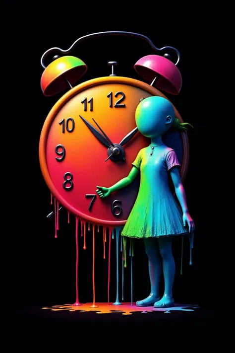 A 3D render of a clock and a girl, both displaying every color of the rainbow. The clock and the girl are made of fresh paint, with vibrant colors dripping from their forms. The background is black, creating a strong contrast that highlights the colorful paint. The image has a textured, brushstroke-like appearance, giving it a dynamic and artistic feel