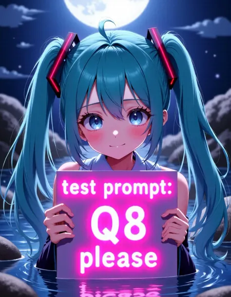 A smiling Hatsune Miku holds up a holographic picket sign saying "test prompt: Q8 please" in neon letters, the background is a serene moonlit outdoor hotspring surrounded by rocks, her eyes are large and highly detailed