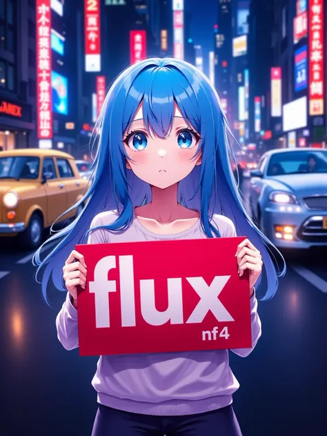 anime girl with vibrant blue hair is looking directly at the viewer with a gentle expression. She stands in the middle of a lively urban street filled with tall buildings, neon signs, and bustling activity. In her hands, she holds a red sign with the word 'flux nf4' written in bold white letters. Her hair flows softly in the breeze, and her bright eyes reflect the glow of the city lights around her. The scene is vibrant yet slightly mysterious, with cars passing by and pedestrians moving in the background. The contrast between the bustling city environment and the calm expression of the girl creates an intriguing and captivating atmosphere.