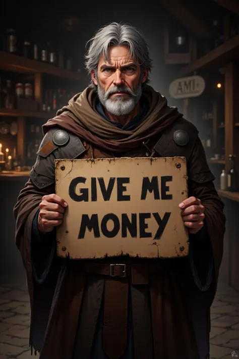 A rugged middle-aged adventurer stands holding a hand-made sign that reads ‘Give Me Money’ in bold, rough letters. The anime man has a scruffy beard, unkempt hair, and wears a worn-out adventurer’s outfit with patched armor and a tattered cloak. His expression is a mix of desperation and determination as he clutches the sign with both hands. The scene is set in a dimly lit tavern or a rundown marketplace, with the sign prominently displayed as he tries to get attention. The background hints at a life of hardship and rough adventures, now reduced to begging in a gritty and harsh world