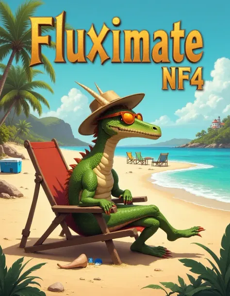 A painting of a dragon in a vacation setting titles "Fluximate NF4" in golden letters. The dragon is sitting on a chair by the sea, wearing sunglasses and a hat. The background contains a beach with chairs, a table, and a cooler. There's a small building in the background. The sky is clear with a few clouds. The overall painting has a warm hue.