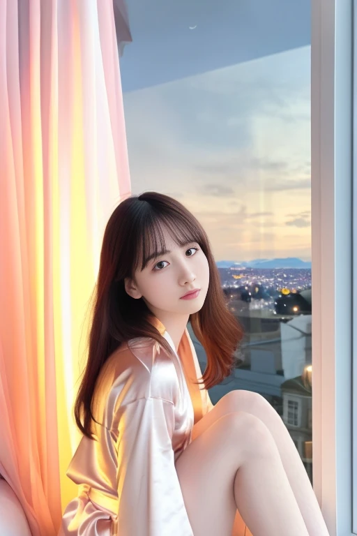 photorealistic, long_hair, realistic, solo, photorealistic, best quality, ultra high res,1girl, sitting on a window seat in a pale pink satin robe, looking out at the city lights at night with a dreamy expression on her face 1girl, beautiful, masterpiece, best quality, extremely detailed face, perfect lighting, 1girl, solo, best quality, ultra high res, photorealistic, ultra detailed, masterpiece, best quality, <lora:snexxxxxxx:1>
