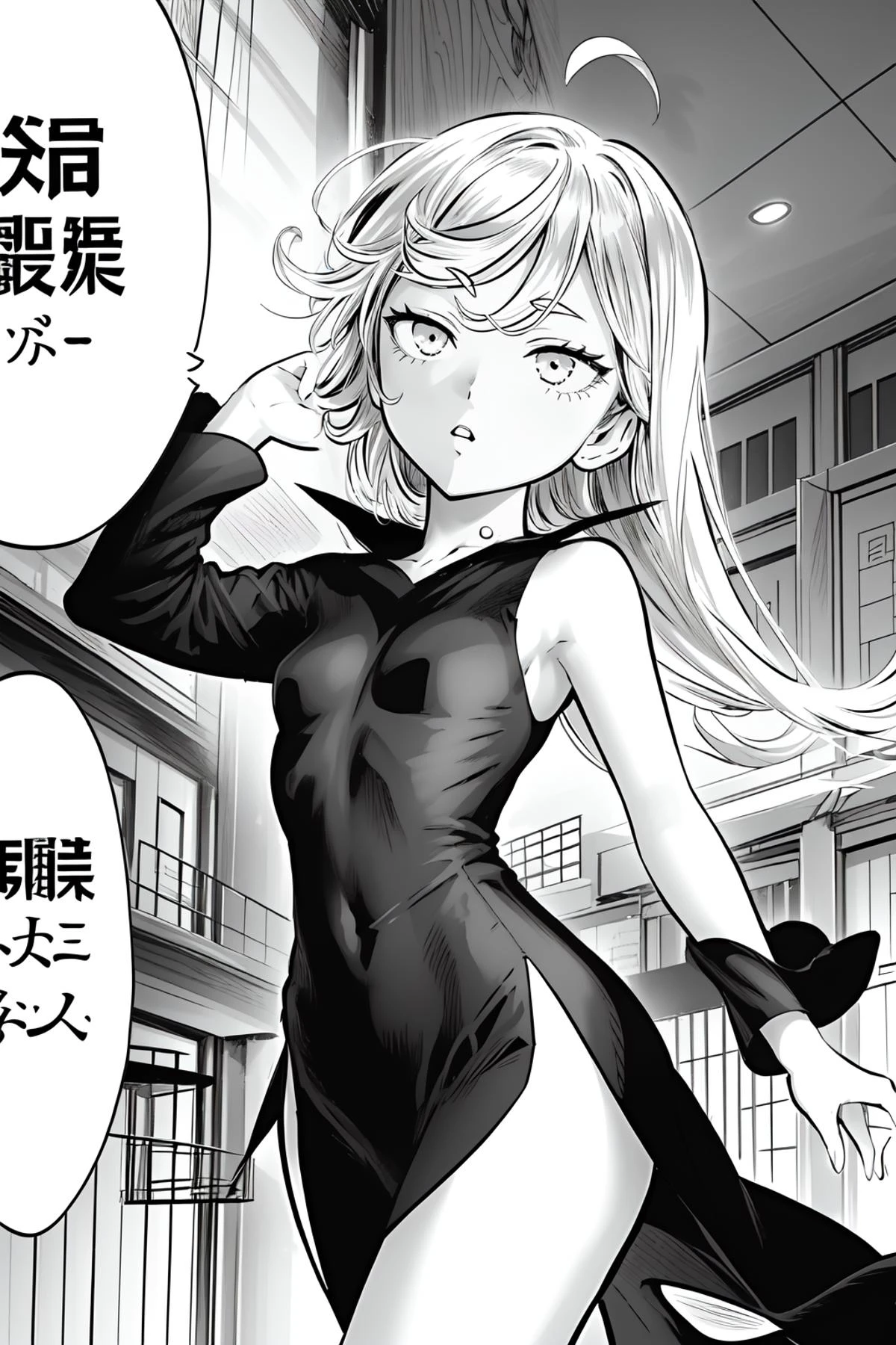 (masterpiece, best quality), intricate details,
1girl, <lora:Tatsumaki-10:0.8> iom, pelvic curtain, floating, black dress, small breasts,
MangaHentaiStyleConceptv2, monochrome, manga panels, speech bubbles, SpeechBubble-Test