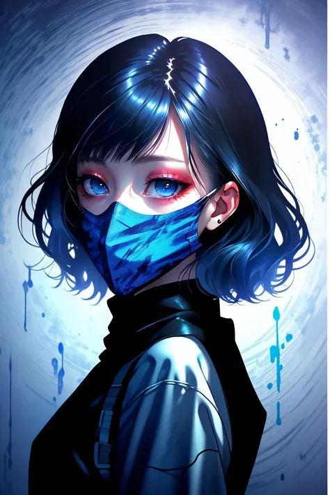 (Gorgeous Painting:1.3) of (Graphic novel:1.3) a photo of a woman, <lora:girl_with_mask_lora013:1> mask, mouth mask,(Blue hue:1.3), <lora:LCM_LoRA_Weights_SD15:1>