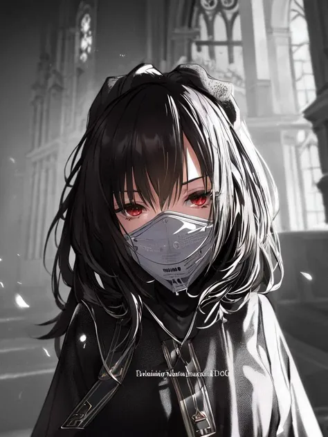 masterpiece, best quality, ultra-detailed,detailed background,beautiful detailed face,high quality,extremely detailed,mask,evil,1girl,fallen angel,blood,upper body, church,sunlight,clock,highest quallity, illustration, cinematic light,