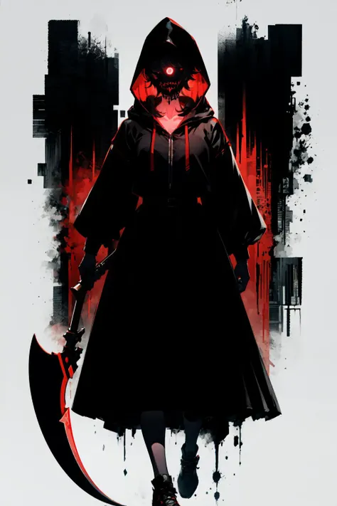 (extremely detailed CG unity 16k wallpaper,backlight,black glowing wolf's shape background:1.3),
(little red riding hood,Mercenary, 1girl,(dark red glowing eyes:1.3), solo, skirt,holding gardening scythet and pistol,sharp teeth design mask in black and white theme:1.5) ,
(masterpiece, best quality, ultra detailed, hyper realistic, photo), delicate pattern, detailed background, super fine concept art,(darkness:1.4), dynamic lighting, faint light,high-contrast, (mysterious:0.8),,ethereal, truth, <lora:little_red_riding_hood_v0.1:0.8> <lora:UnlimitedBladeWorks1.6:0.5> <lora:girl_with_mask_lora013:0.8>