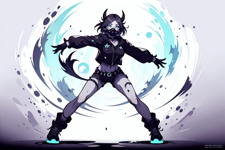 breathtaking full shot, full body, a beautiful woman, vivid colors, extremely detailed, dynamic lighting, dynamic pose, <lora:edgGrungeFreestyle:0.7> edgGrunge, wearing edgGrunge fashion <lora:girl_with_mask_lora013:1> mask <lora:LabstractGeo:1>, masterpiece, award-winning, professional, highly detailed