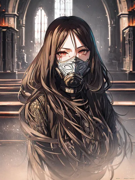 masterpiece, best quality, ultra-detailed,detailed background,beautiful detailed face,high quality,extremely detailed,mask,evil,1girl,fallen angel,blood,upper body, church,sunlight,clock,highest quallity, illustration, cinematic light,
