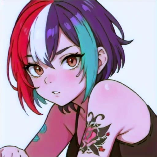 multi colored hair, short hair, tattoo