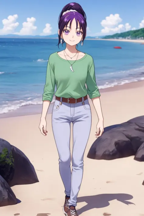 <lyco:GoodHands-beta2:0.65>, <lora:mai_otona_old:0.65> mai_otona, green shirt, earrings, necklace, white scrunchie, high ponytail, belt, jeans, brown sneakers, purple socks, parted hair, smile, solo, full body, walking, beach, looking at viewer, photoreal background