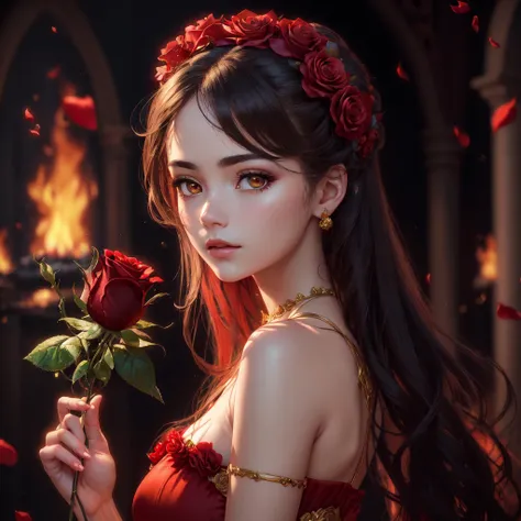 best quality ,masterpiece, illustration, an extremely delicate and beautiful, extremely detailed ,CG ,unity ,8k wallpaper, Amazing, finely detail, masterpiece, best quality, official art, extremely detailed CG unity 8k wallpaper, ultra-detailed, highres, extremely detailed, ((1girl holding a beautiful detailed (red rose))), extremely detailed petals, droplets on petals, refraction, glaring, depth of field, ((large fire across the background)), red dress on fire, garland of roses, hair piece with roses, perfect face, perfect anatomy, beautiful features, beautiful eyes, well proportioned