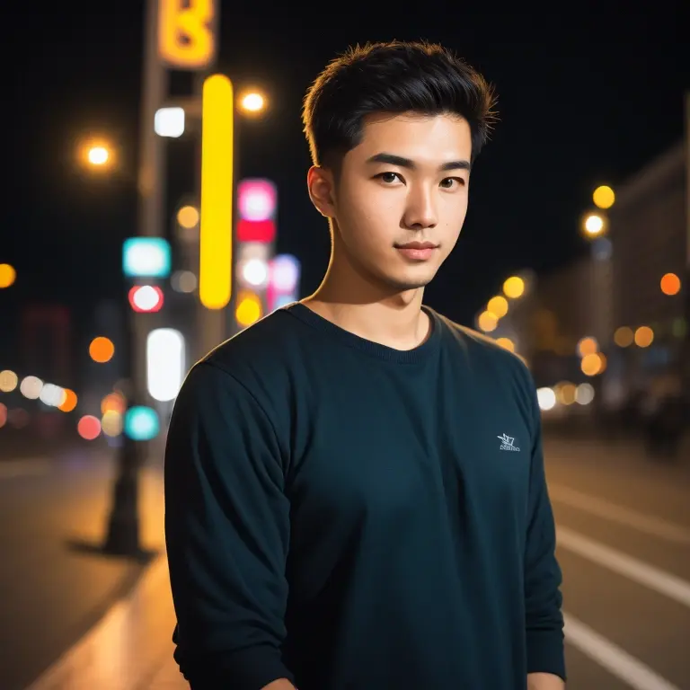 RAW photo, a portrait photo of 25 y.o man in casual clothes, night, city street, (high detailed skin:1.2), 8k uhd, dslr, soft lighting, high quality, film grain, Fujifilm XT3