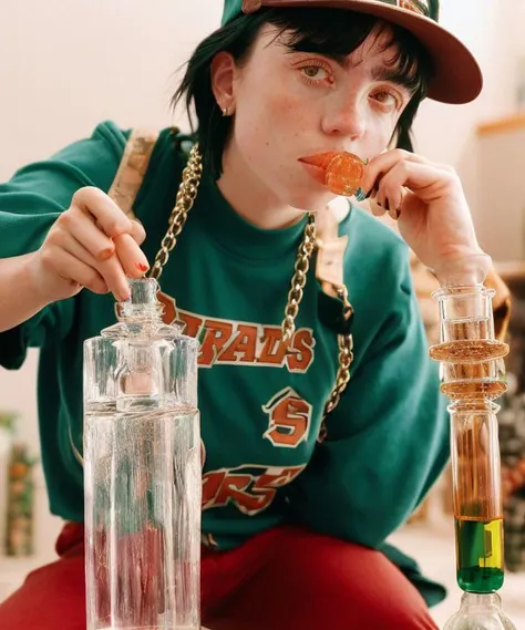 analog style, emb-billie smoking weed out of a bongz, realistic, photo, fine detail, trending on artstation, detailed face and eyes, detailed anatomy,