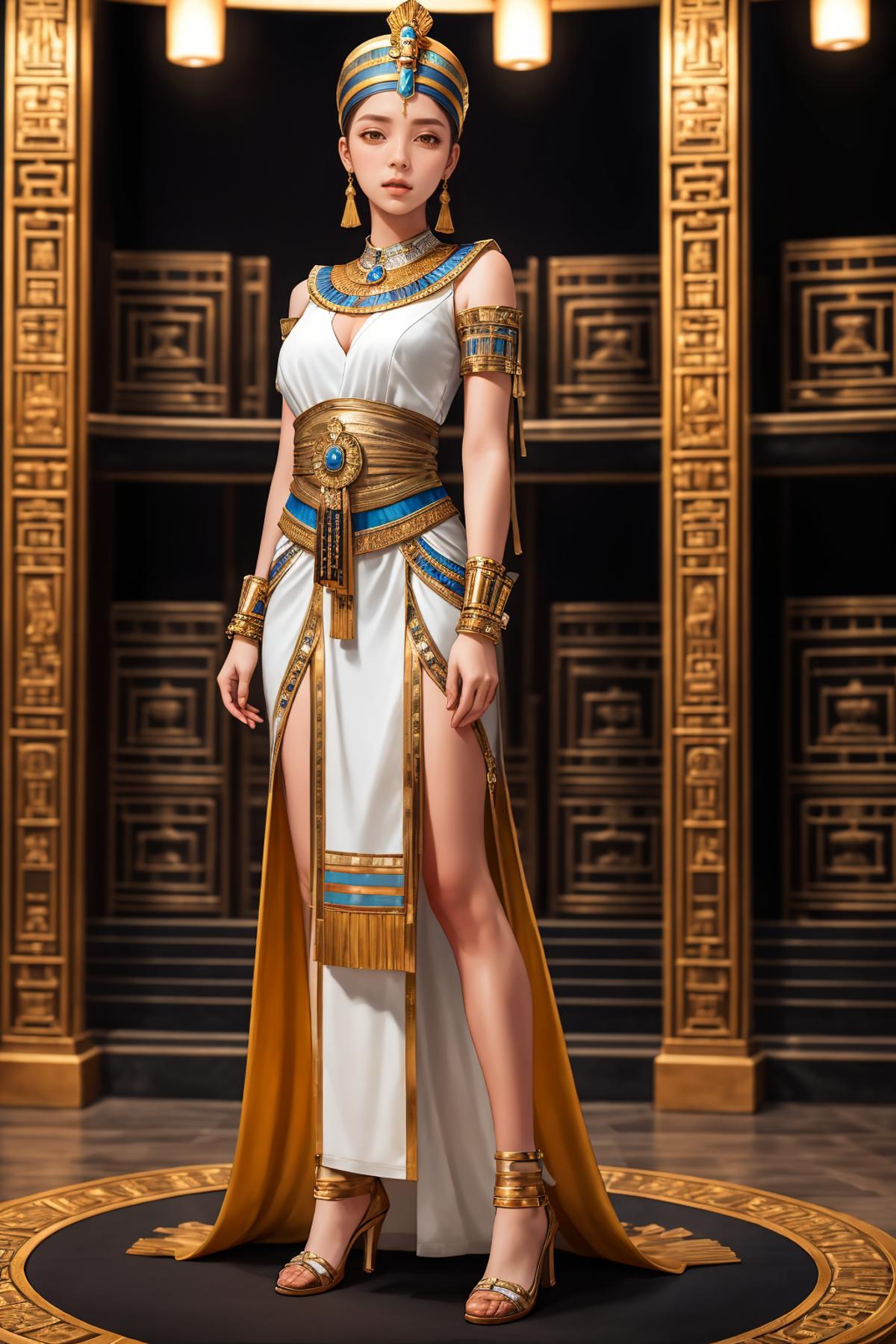 A woman in a white and gold dress standing on a black floor - SeaArt AI