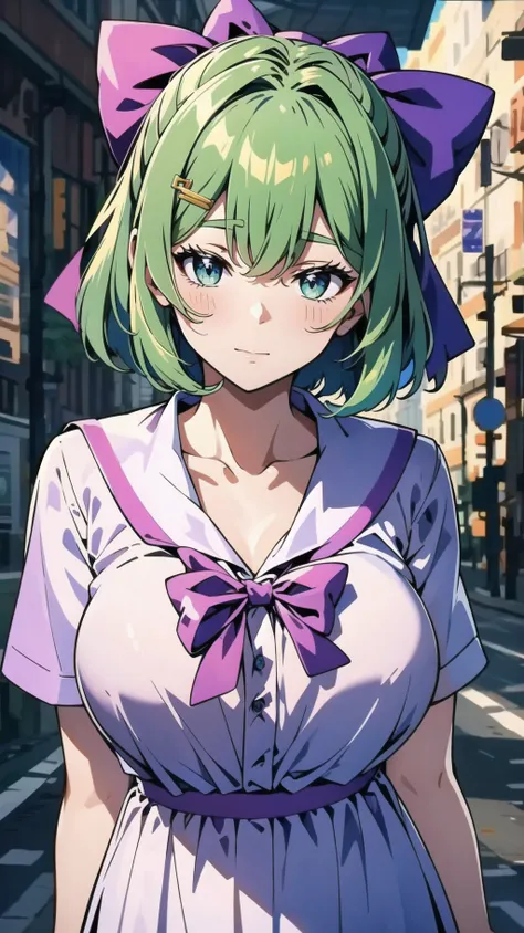 masterpiece, best quality, highres, BREAK, <lora:20231101-1698825110315:0.55>,cqlwg, Purple Bow, Green Hair,BREAK
,sturdy face,decadent Madrid city evening, , modern, , hand on chest,, collarbone