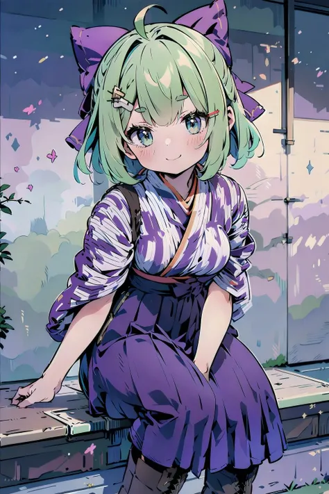 (extremely beautiful cqlwg), BMC, 1girl, yagasuri, japanese clothes, hakama skirt, kimono, purple hair bow green short hair kindly cute smile face, long purple traditional hakama skirt, tasuki, short lace-up boots, <lora:GreenShortHairPurpleBowGirl_v1.0:0.8>, <lora:Basyamichi_uniform_SD15_V7:0.8>, <lora:boldline:-1>