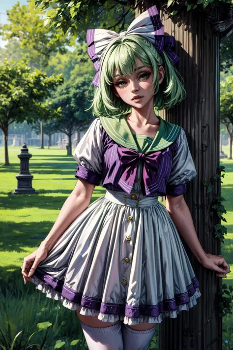 ((best quality)), ((masterpiece)), (detailed), beautiful woman leaning against a tree in a lush park, <lora:SailorDress:0.7>, <lora:GreenHairPurpBow:0.4>, extremely detailed, masterpiece, 8k, highest quality, trending on pixiv, white dress, green hair, purple bow, <lora:add_detail:1.3>