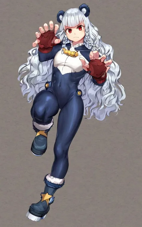 <lora:_sdxl-25D-Style:0.5> _25D-Style, extremely quality extremely detailed, illustration, cute anime face, bear ears, bear tail, bear legs fluffy furry beastman, +++
red eyes odd eyes ,
clear silver hair,
long hair ,
multiple braids, long hair,
wavy hair ,
diagonal bangs,
sideburns ,
angry,
,
head_tilt
+++, indigo bodysuit slouch socks platform shoes, From Up, looking at viewer, fullbody, Fill Light, contrapposto, dynamic pose