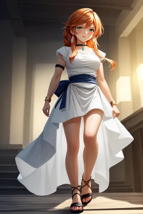 <lora:_sdxl-25D-Style-pony:1.1>, <lora:ChamFlammePonyXL:1> FlammeFrieren, orange hair, green eyes,long hair,braided ponytail,large breasts,earrings, choker, armlet, bracelet, white dress, white sash, short sleeves, sandals, Score_9, Score_8_up, Score_7_up, Score_6_up, Score_5_up, Score_4_up, BREAK,1girl in full growth, best quality, masterpiece, ultra-detailed, high quality,good quality,1 girl,(master piece,high resolution, ultra detailed,8K,16K),look at viewer