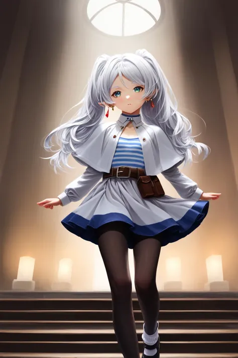 <lora:_sdxl-25D-Style-pony:1.1> <lora:ChamFrierenPonyXL:1> Frieren,green eyes,white hair,long hair,twintails, earrings,small chest, flat?FrierenBase, white capelet, striped shirt, long sleeves, belt, white skirt, black pantyhose, Score_9, Score_8_up, Score_7_up, Score_6_up, Score_5_up, Score_4_up, BREAK,1girl in full growth, best quality, masterpiece, ultra-detailed, high quality,good quality,1 girl,(master piece,high resolution, ultra detailed,8K,16K),look at viewer