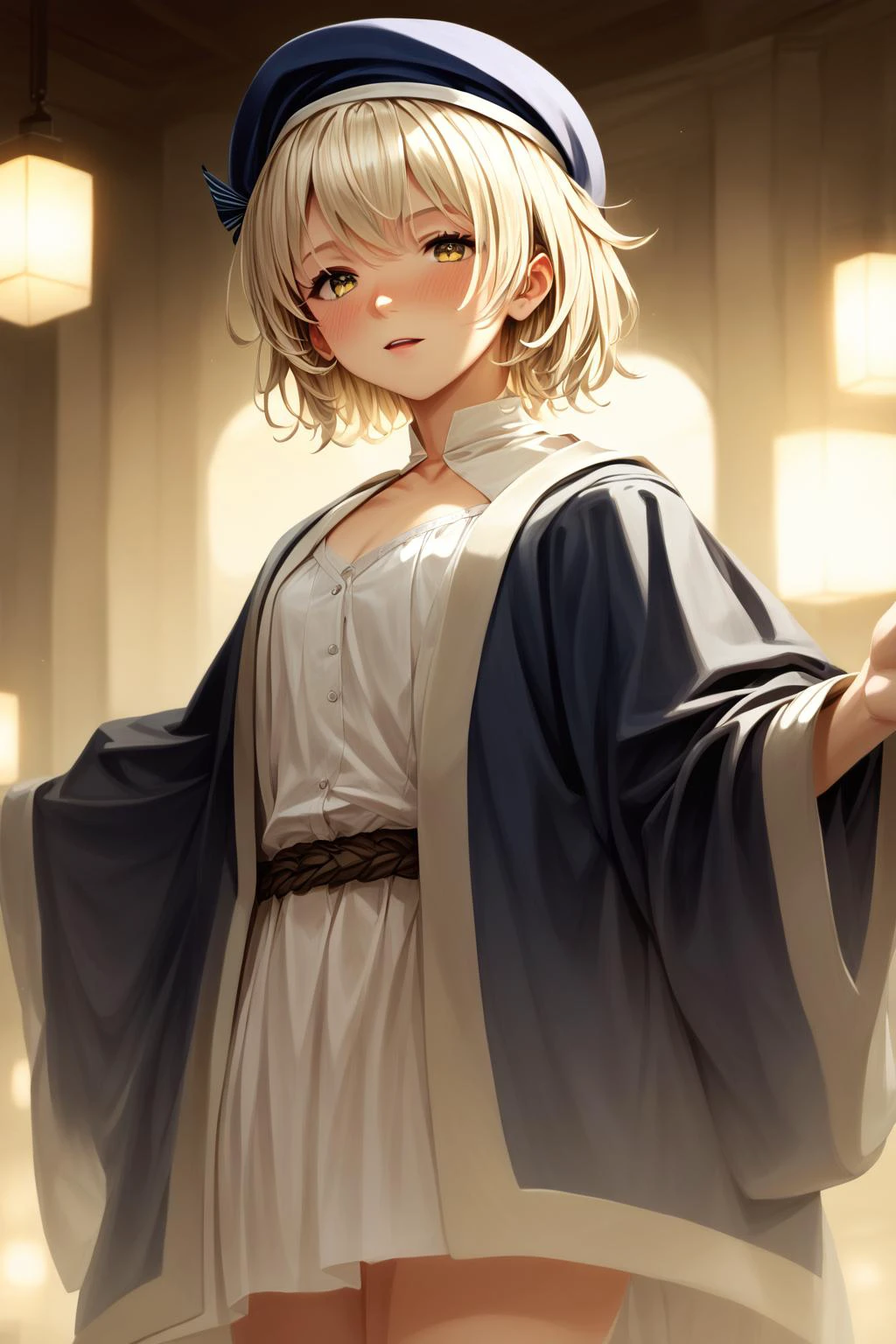 <lora:_sdxl-25D-Style-pony:1.1>, <lora:dungeon_meshi_falin:1>,falin thorden, blush, short hair, blonde hair, yellow eyes,hat, blue headwear, robe, Score_9, Score_8_up, Score_7_up, Score_6_up, Score_5_up, Score_4_up, BREAK,1girl in full growth, best quality, masterpiece, ultra-detailed, high quality,good quality,1 girl,(master piece,high resolution, ultra detailed,8K,16K),look at viewer