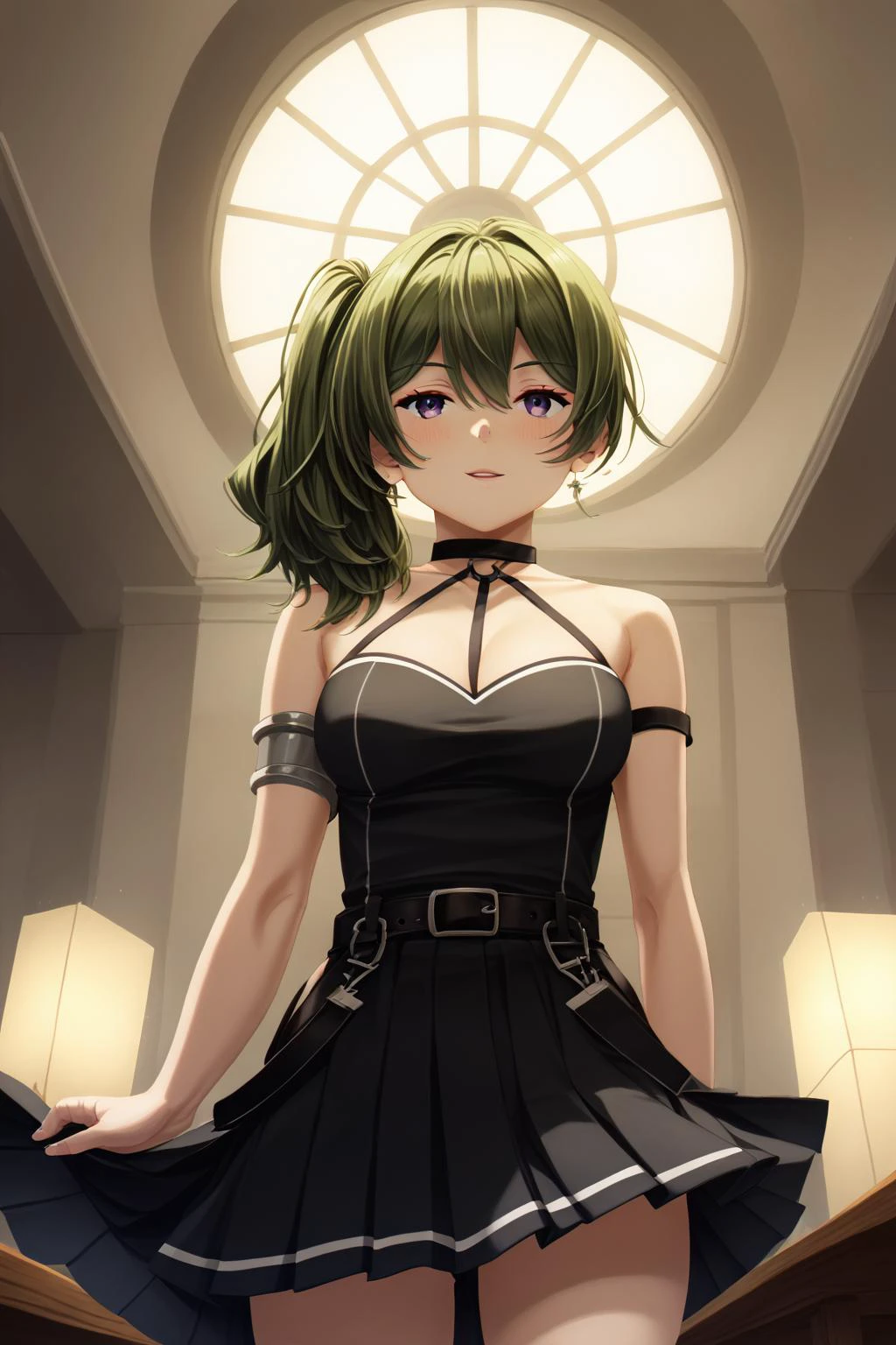 <lora:_sdxl-25D-Style-pony:1.1> <lora:Ð£Ð±ÐµÐ»Ñ ÑÑиÑен(ubel_olis,side ponytail,medium hair,green hair,purple eyes,large breasts(Ñм):1> ubel_olis,side ponytail,medium hair,green hair,purple eyes,large breasts,o-ring choker, halterneck, black dress, armlet, arm strap, single elbow glove, black belt, pleated skirt, suspenders hanging,, Score_9, Score_8_up, Score_7_up, Score_6_up, Score_5_up, Score_4_up, BREAK,1girl in full growth, best quality, masterpiece, ultra-detailed, high quality,good quality,1 girl,(master piece,high resolution, ultra detailed,8K,16K),look at viewer