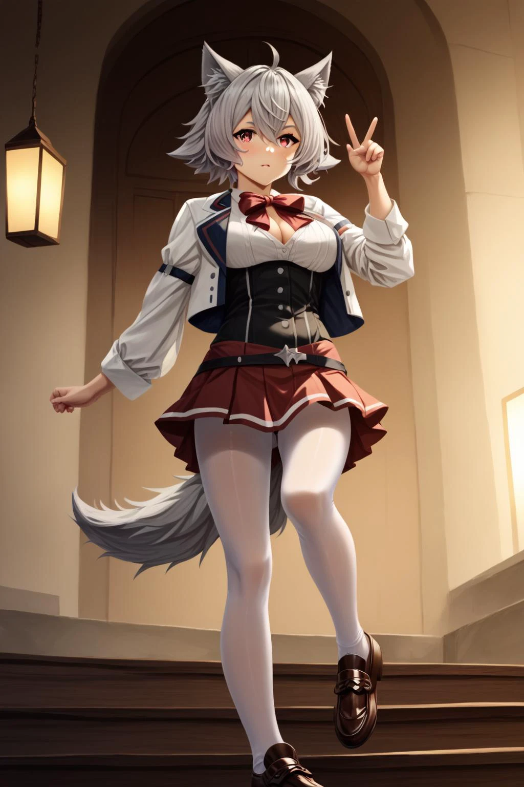 <lora:_sdxl-25D-Style-pony:1.1>, <lora:rinia-dedoldia-s2-ponyxl-lora-nochekaiser:1> rinia dedoldia,short hair,red eyes,animal ears,hair between eyes,tail,ahoge,grey hair,cat ears,animal ear fluff,wolf ears,large breasts,rinia dedoldia,short hair,red eyes,animal ears,hair between eyes,tail,ahoge,grey hair,cat ears,animal ear fluff,wolf ears,large breasts,cleavage, skirt, long sleeves, pantyhose, frills, shoes, red skirt, loafers, white pantyhose, blazer, white blazer, corset, black corset,, Score_9, Score_8_up, Score_7_up, Score_6_up, Score_5_up, Score_4_up, BREAK,1girl in full growth, best quality, masterpiece, ultra-detailed, high quality,good quality,1 girl,(master piece,high resolution, ultra detailed,8K,16K),look at viewer