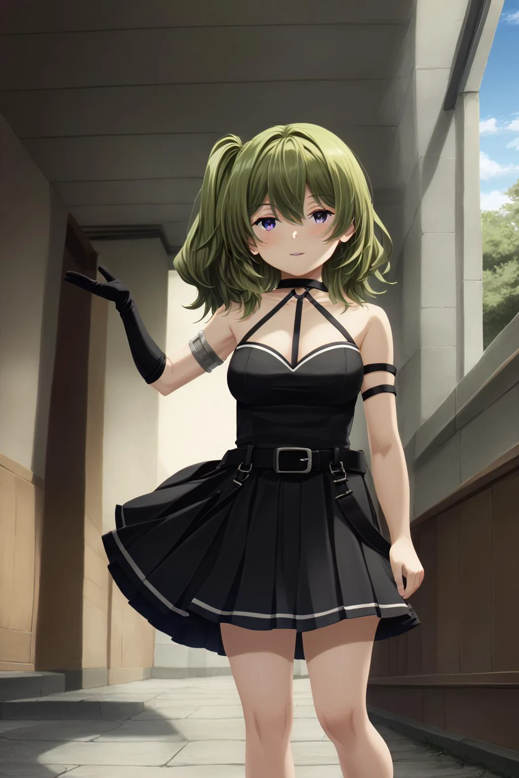 <lora:_sdxl-25D-Style-pony:1.2> <lora:Ð£Ð±ÐµÐ»Ñ ÑÑиÑен(ubel_olis,side ponytail,medium hair,green hair,purple eyes,large breasts(Ñм):1> ubel_olis,side ponytail,medium hair,green hair,purple eyes,large breasts,o-ring choker, halterneck, black dress, armlet, arm strap, single elbow glove, black belt, pleated skirt, suspenders hanging,, Score_9, Score_8_up, Score_7_up, Score_6_up, Score_5_up, Score_4_up, BREAK,1girl in full growth, best quality, masterpiece, ultra-detailed, high quality,good quality,1 girl,(master piece,high resolution, ultra detailed,8K,16K),look at viewer