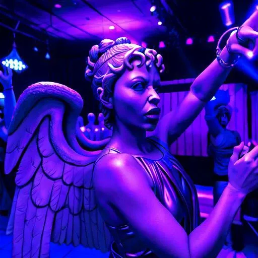 A photo of a party drwhoweepingangel in a well lit night club <lora:sd15-drwhoweepingangel-lora:1>, Very detailed, clean, high quality, sharp image