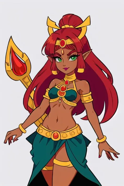 RijuTOTK, Riju, 1girl, solo, blue lips, pointy ears, dark-skinned female, wearing grey (haute couture garments:1.3), jewelry, green eyes, dark skin, weapon, red hair, makeup, thick red eyebrows, colored skin, navel, sword, hair ornament, lipstick, small breasts, midriff, breasts, bracelet, armlet, looking at viewer, skirt, circlet, armor, neck ring, bare shoulders, glorious cool speckles ambience with shore background, depth of field, bokeh, god rays, vivid colors, cinematic hard lighting, smooth shadows <lora:RijuTOTKv1:0.7>