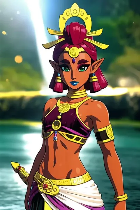 RijuTOTK, Riju, 1girl, solo, blue lips, pointy ears, dark-skinned female, wearing purple (velvet:1.3), jewelry, green eyes, dark skin, weapon, red hair, makeup, thick red eyebrows, colored skin, navel, sword, hair ornament, lipstick, small breasts, midriff, breasts, bracelet, armlet, looking at viewer, skirt, circlet, armor, neck ring, bare shoulders, sparse fair pearlescence aura with river background, subsurface scattering, ray traced, depth of field, bokeh, god rays, vivid colors, cinematic hard lighting, realistic shadows, detailed textures <lora:RijuTOTKv2:0.7>