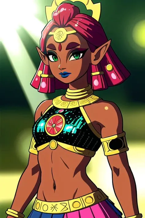 RijuTOTK, Riju, 1girl, solo, blue lips, pointy ears, dark-skinned female, wearing green (sequined:1.3), jewelry, green eyes, dark skin, weapon, red hair, makeup, thick red eyebrows, colored skin, navel, sword, hair ornament, lipstick, small breasts, midriff, breasts, bracelet, armlet, looking at viewer, skirt, circlet, armor, neck ring, bare shoulders, paradisiacal delicious composition ambience with temperate forest background, depth of field, bokeh, god rays, vivid colors, cinematic hard lighting, smooth shadows <lora:RijuTOTKv2:0.7>