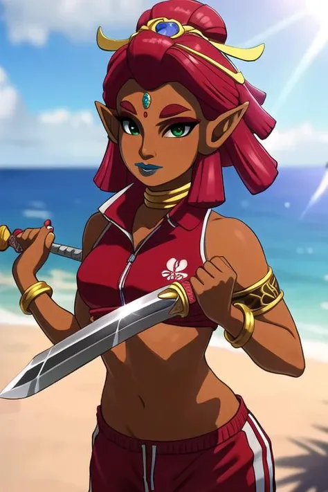 RijuTOTK, Riju, 1girl, solo, blue lips, pointy ears, dark-skinned female, wearing red (tracksuit:1.3), jewelry, green eyes, dark skin, weapon, red hair, makeup, thick red eyebrows, colored skin, navel, sword, hair ornament, lipstick, small breasts, midriff, breasts, bracelet, armlet, looking at viewer, skirt, circlet, armor, neck ring, bare shoulders, vibrant moist shadows aura with ocean bottom background, subsurface scattering, ray traced, depth of field, bokeh, god rays, vivid colors, cinematic hard lighting, realistic shadows, detailed textures <lora:RijuTOTKv2:0.7>