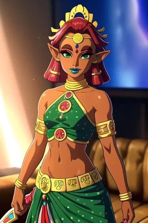 RijuTOTK, Riju, 1girl, solo, blue lips, pointy ears, dark-skinned female, wearing green (morning dress:1.3), jewelry, green eyes, dark skin, weapon, red hair, makeup, thick red eyebrows, colored skin, navel, sword, hair ornament, lipstick, small breasts, midriff, breasts, bracelet, armlet, looking at viewer, skirt, circlet, armor, neck ring, bare shoulders, flamboyant ritzy grass ambience with living room background, subsurface scattering, ray traced, depth of field, bokeh, god rays, vivid colors, cinematic hard lighting, realistic shadows, detailed textures <lora:RijuTOTKv2:0.7>