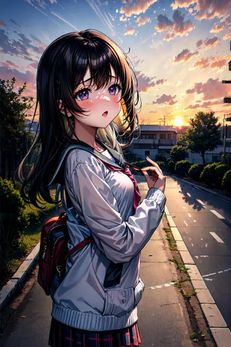 1girl, (first love:1.2), outdoor, School leaving route, sunset. dynamic angle,