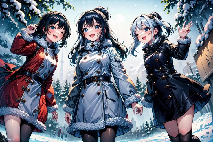 3girls or more. cute, kawaii, snowy day, Winter Clothing, dynamic angle, Illustration of good friends. outdoor, (focus for girls:1.1), smile,