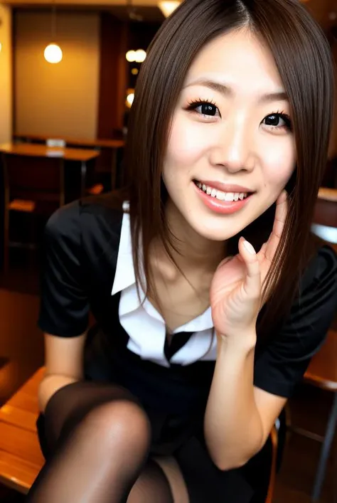 (from front),poor indoor lighting and flash photography and depth of field and 8k raw photo of a young japanese woman named rikomiyase01 and sitting on a chair in a cafe and wearing office girl attire and <lyco:rikomiyase01V1:0.8>,face,smile for the camera,(wearing detailed  pantyhose),wearing a black skirt,Beautiful detailed facial features,(masterpiece:1.2) and (best quality:1.2) and (photorealistic:1.4) and (Realistic:1.4) and Detailed Skin Textures and detailed skin pores and high skin detail and (ultra-detailed cafe background:1.2),hands and fingers and finger nails