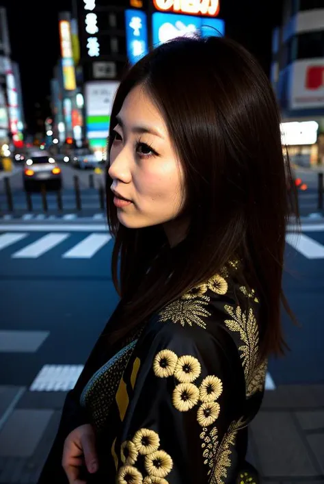 medium shot and night photography and (from side:1.25) and flash photography and (face close-up:0.8) and upper body and a 23 year old young japanese woman named rikomiyase01 and looking away and looking to the side and Wearing detailed beautiful embroidery print black kimono and <lyco:rikomiyase01V1:0.8> and Beautiful detailed facial features,detailed eyes,(masterpiece:1.2) and (best quality:1.2) and (photorealistic:1.4) and (Realistic:1.4) and Detailed Skin Textures and detailed skin pores and high skin detail and (Streets and city background in Tokyo,Japan at night:1.2)