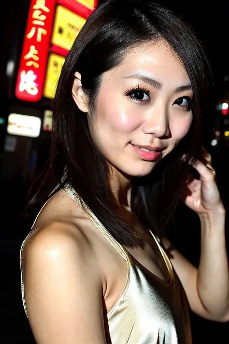 a young asian woman named rikomiyase01 wearing luxurious dress,<lyco:rikomiyase01V1:0.8>,(Streets of Tokyo,Japan,city background,night:1.2),flash photography,face close-up,(masterpiece:1.2) and (best quality:1.2) and (photorealistic:1.4) and (Realistic:1.4) and Detailed Skin Textures and detailed skin pores and high skin detail