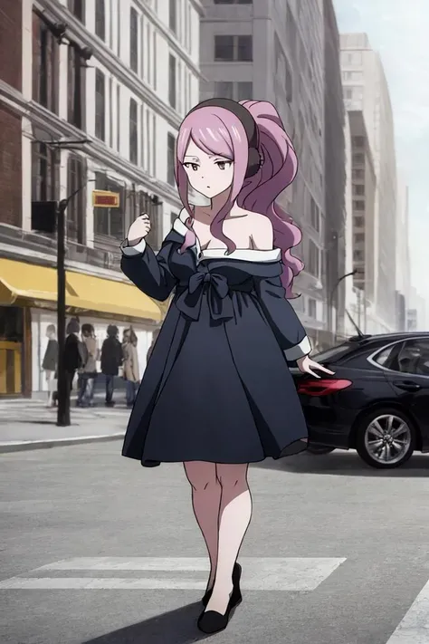 city, buildings, cars, public, people, black, ears muffs, dress, off shoulder, (headphones:0.6), ponytail, <lora:meredy the woman:0.7>