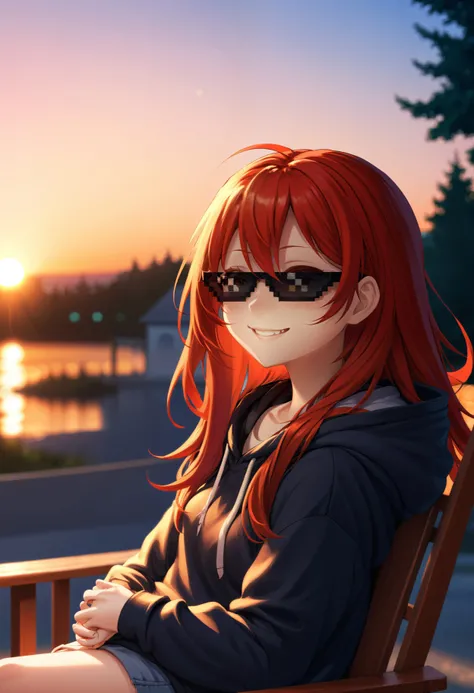 IncrsXLDealWithIt, anime, 1girl, red hair, long hair, smiling , outdoors, afternoon, dusk, scenery, Bokeh, sunglasses, hoodie, sitting on chair, smug,