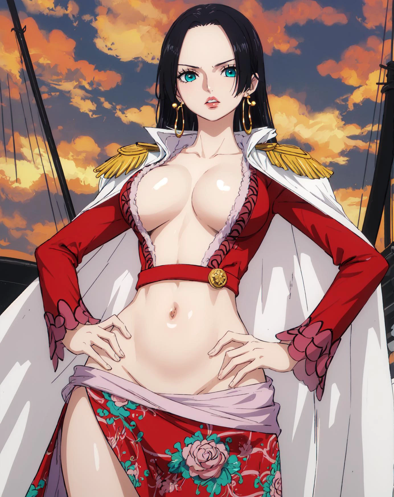 (best quality, masterpiece,:1.2)
aqua eyes, Crooked lips
<lora:boa_hancock_v1:1> hancock1, 1girl, boa hancock, earrings, huge breasts, cleavage, long hair, epaulettes, cape, crop top, long sleeves, side slit,
(shiny skin:1.3),(perfect female body:1.2),(gorgeous detailed skin),(detailed hair), Unconvinced
from below, (looking down:1.2), on_boat,
glaring,hand on hip, <lora:wanostyle_2_offset:0.8>,wanostyle,cloud,