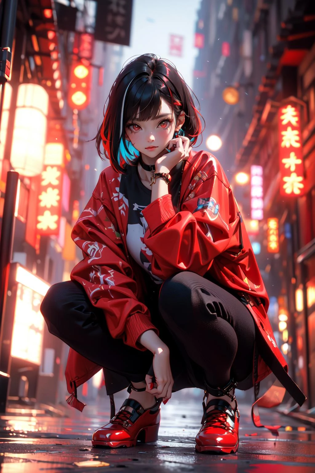 (masterpiece:1.2), best quality,cg,3d, Samurai girl,
1girl, red eyes, earrings, solo, multicolored hair, jewelry, looking at viewer, blurry, full body, bangs, red hair, jacket, squatting, blurry background, choker, short hair, long sleeves, red nails, closed mouth, red footwear, floral print, red jacket, streaked hair,katana
<lora:æ¦å£«å°å¥³:1>