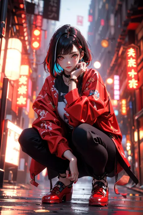 (masterpiece:1.2), best quality,cg,3d, Samurai girl,
1girl, red eyes, earrings, solo, multicolored hair, jewelry, looking at viewer, blurry, full body, bangs, red hair, jacket, squatting, blurry background, choker, short hair, long sleeves, red nails, closed mouth, red footwear, floral print, red jacket, streaked hair,katana
 <lora:æ­¦å£«å°å¥³:1>